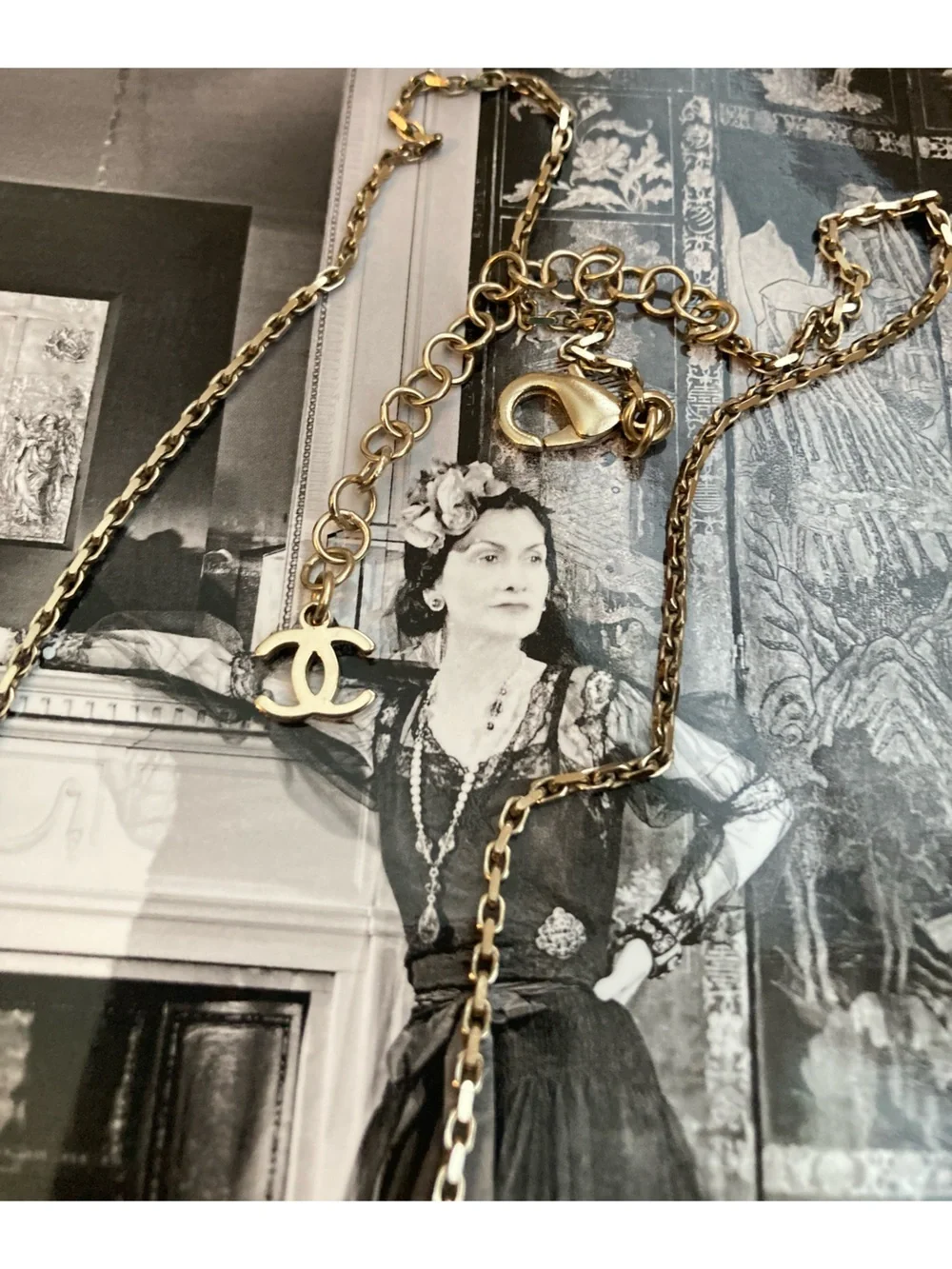 CHANEL Gold and Clear Crystal Logo Necklace
